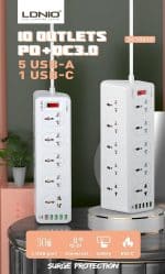 LDNIO SC10610 Multi Plug: High-Speed Charging Power Strip with 30W PD USB-C, 6 Ports, and 10 Outlets for Efficient Multi-Device Charging - Image 4