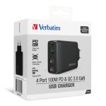 VERBATIM 4 Port 100W Charger Introducing the Verbatim 4 Port 100W PD 3.0 & QC 3.0 GaN USB Charger, the pinnacle of charging technology. Crafted with cutting-edge 'GaN' technology, this charger marries a compact design with superior power, ensuring efficient charging for all your devices. Key Features: Newest 'GaN' Technology: Leveraging Gallium Nitride (GaN) technology, this charger achieves a high power output in a smaller, more convenient form factor, perfect for both home and office use. Simultaneous Charging for 4 Devices: With 2 Type C PD 3.0 ports and 2 USB-A QC 3.0 ports, this charger empowers you to charge up to four devices concurrently, addressing the diverse charging needs of your devices. High-Power Charging: The Type C PD1 and PD2 ports individually support up to 100W charging, accommodating laptops with PD charging capabilities. USB-A1 and USB-A2 ports offer up to 18W charging for quick-charging compatible smartphones. Advanced Protection Systems: Engineered with 4 protection systems—over-current, over-voltage, short circuit, and over-temperature protection—ensuring quality and stability during the charging process. Multi-national Safety Certificates: Holding IEC62368 (H.K.), FCC (U.S.), CE (EU), E1703 (Australia), Safety Mark (Singapore), KC (Korea), and RoHS certificates, this charger adheres to global safety standards. Additionally, it is supported by Global Product Liability Insurance. Product Specifications: SKU: 4-Port-100W-PD-3.0-&-QC-3.0-GaN-USB-Charger Ports: 2 Type C PD 3.0, 2 USB-A QC 3.0 Type C PD Ports Output: Up to 100W (each) USB-A Ports Output: Up to 18W (each) Simultaneous Charging: Up to 4 devices Protection Systems: Over-current, over-voltage, short circuit, over-temperature Safety Certificates: IEC62368 (H.K.), FCC (U.S.), CE (EU), E1703 (Australia), Safety Mark (Singapore), KC (Korea), RoHS Global Product Liability Insurance: Supported Specifications: Input: 100Vac – 240Vac, 50/60Hz, 1.6A Output: Type C PD1 / PD2: 5Vdc/3A, 9Vdc/3A, 12Vdc/3A, 15Vdc/3A, 20Vdc/5A (Max. 100W) USB-A QC 3.0 x 2: 5Vdc/3A, 9Vdc/2A, 12Vdc/1.5A (Max. 18W) Total Output: Max. 100W Operating Temperature: 0°C – 40°C Storage Temperature: -25°C – 65°C Product Dimensions: 113.6 x 31.2 x 60 (mm) Product Weight: 204g Plug Type: EU 2-pin (market in Singapore regions) Material: Flame-resistant PC Warranty: 1-year limited warranty Elevate your charging experience with the Verbatim 4 Port 100W PD 3.0 & QC 3.0 GaN USB Charger—offering advanced technology, efficiency, and safety for your devices.