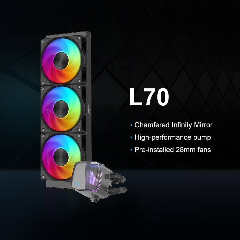 SAMA L70 360mm ARGB CPU Liquid Cooler – High-Performance AIO with Infinity Mirror & Ceramic Pump SAMA L70 360mm ARGB CPU Liquid Cooler is a premium all-in-one cooling solution designed for gamers, creators, and PC enthusiasts who demand powerful thermal performance with stunning aesthetics.