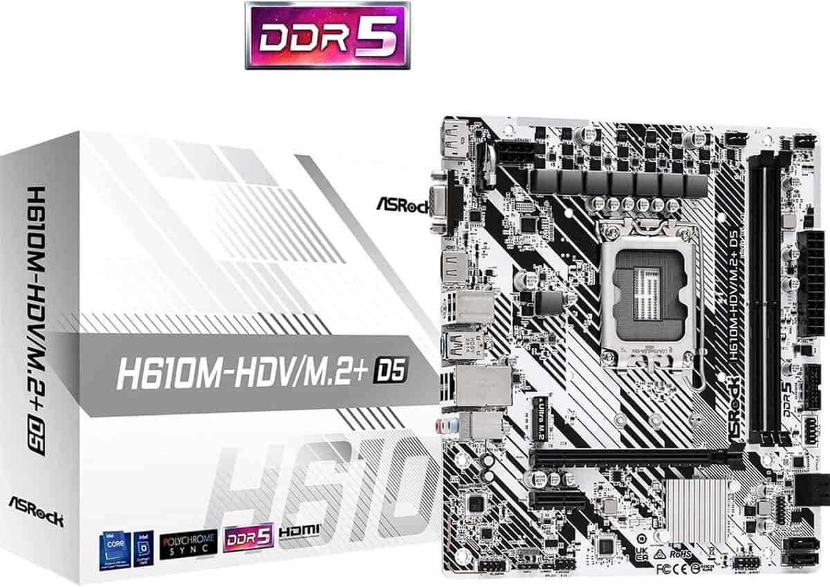 ASRock H610M-HDV/M.2+ D5 LGA 1700 Micro-ATX DDR5 Motherboard ASRock H610M-HDV/M.2+ D5 is a Micro-ATX motherboard designed for Intel’s 12th, 13th, and 14th Gen Core processors, offering robust performance