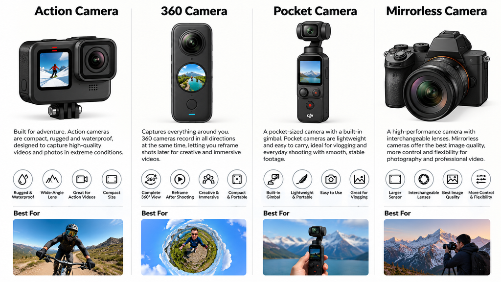 Action camera vs. 360 camera vs. pocket camera vs. mirrorless